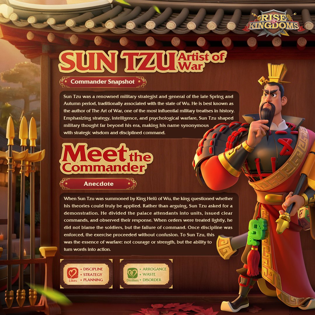 riseofkingdoms's tweet photo. Meet Sun Tzu, the legendary general whose calm judgment and sharp thinking let him control the battlefield long before swords were drawn.⚔️
What’s your favorite line from The Art of War? Share it with us in the comments!💡 https://t.co/CCMnZJSMdX