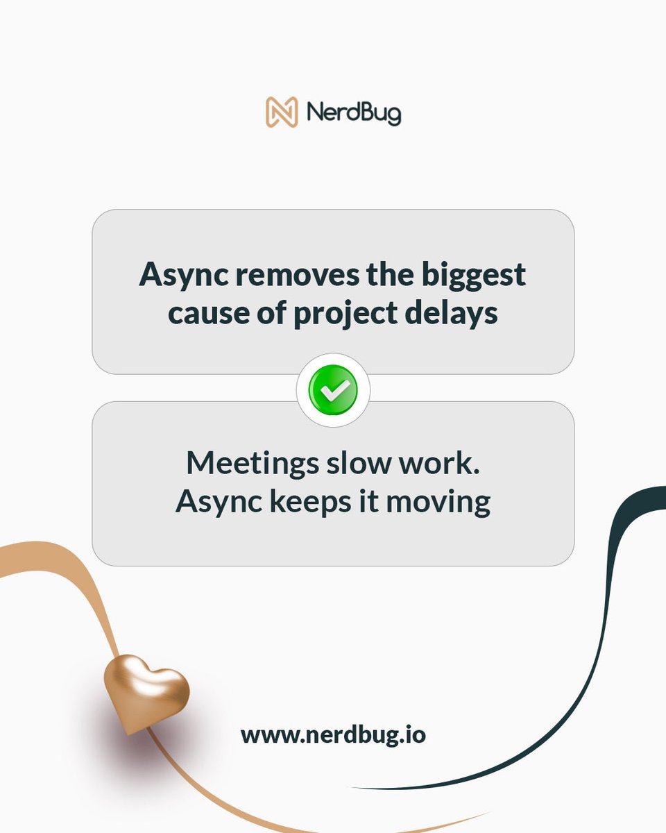 NerdBugHQ's tweet photo. Most delays come from waiting, not complexity.

Async works because progress does not depend on meetings or shared availability.
Work moves forward instead of waiting on calendars. https://t.co/i3DG05ya5K