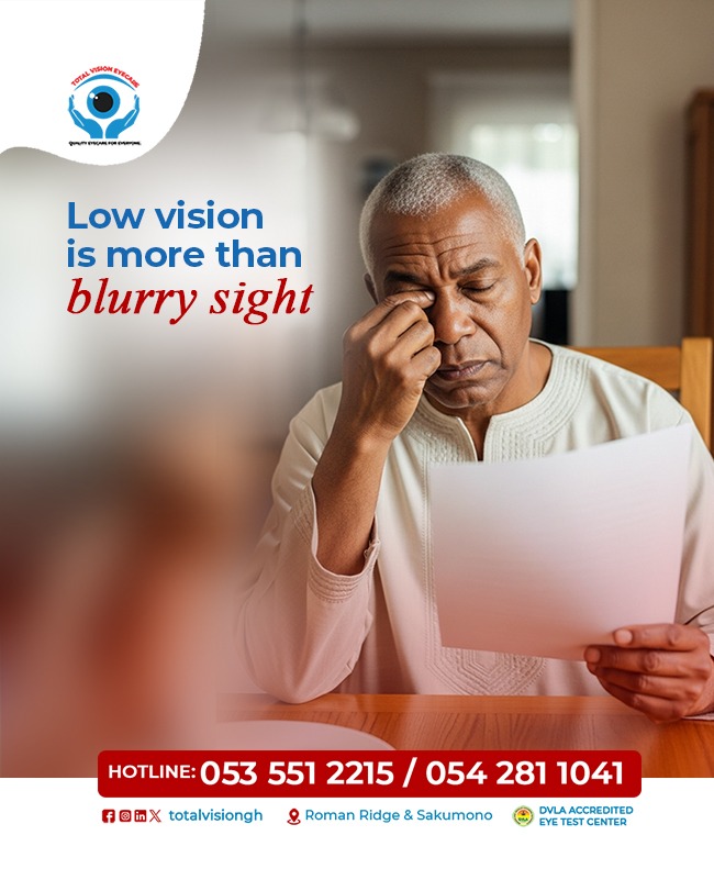 totalvision_gh's tweet photo. Low vision is more than blurry sight.

It cannot always be corrected with regular glasses, but proper care can help improve quality of life.
Regular eye exams matter.
📍 Roman Ridge and Sakumono
📞 0535512215

#LowVisionAwareness #EyeHealth #TotalVisionGh https://t.co/zAzDBmFZxt