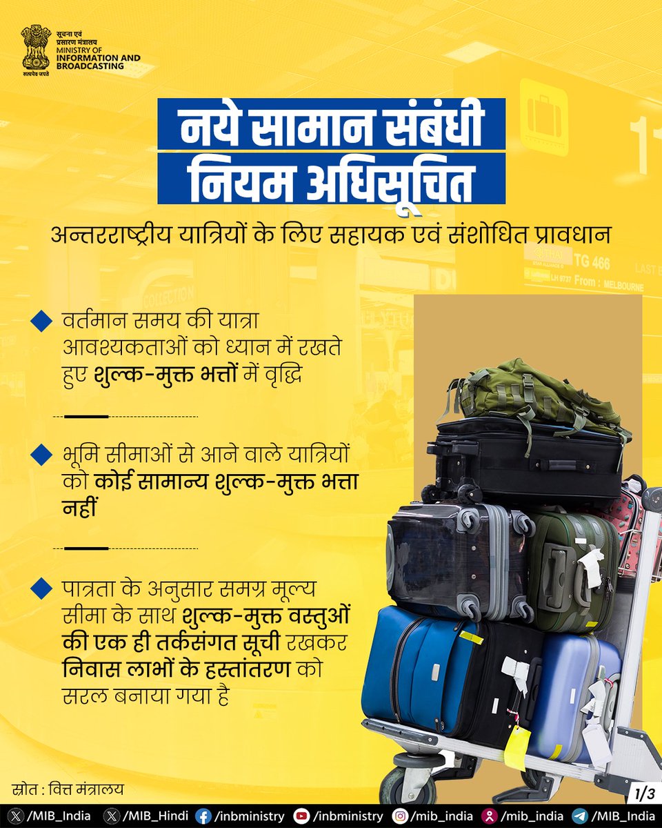 MIB_Hindi's tweet photo. सरकार ने नये सामान संबंधी नियम अधिसूचित किए हैं, जिनका उद्देश्य ड्यूटी-फ्री सीमा बढ़ाना, प्रक्रियाओं को सरल बनाना और यात्रियों की सुविधा बढ़ाना है।
इससे भारत को पर्यटन-अनुकूल गंतव्य के रूप में मजबूती मिलेगी।
और पढ़ें : https://t.co/8zbG0ph5dc
#BaggageRules https://t.co/kCTLyBvkUo
