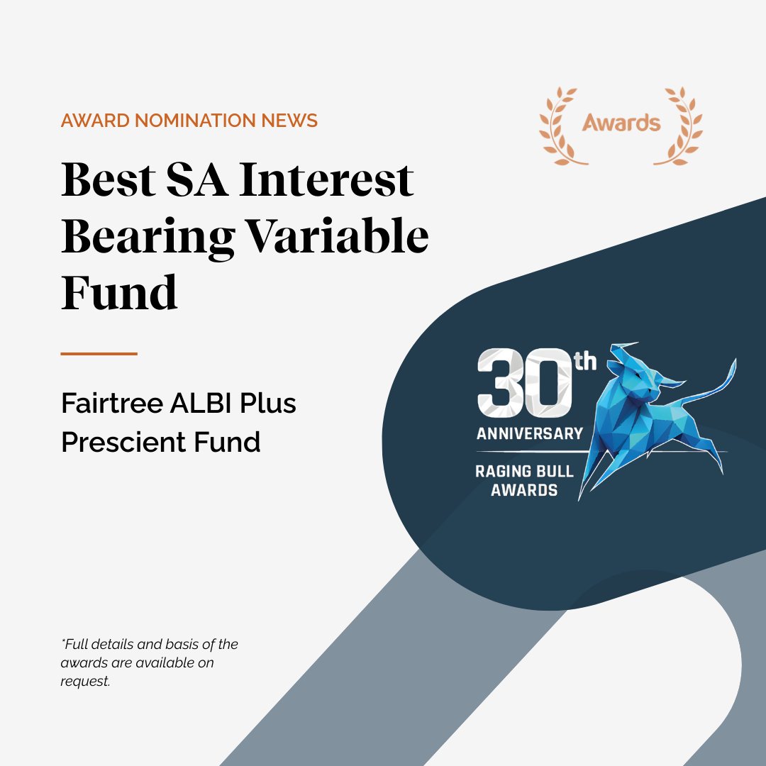 FairtreeGroup's tweet image. Raging Bull Awards 2026

Fairtree received two nominations:

Certificates for straight performance over three years:

• Best SA Multi Asset Medium Equity Fund: Fairtree Flexible Balanced Prescient Fund
• Best SA Interest Bearing Variable Fund: Fairtree ALBI Plus Prescient Fund