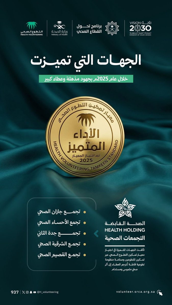 AlAhsaHC's tweet photo. تميّز يُصنع بالعطاء ..
كل الشكر والتقدير لفريق العمل ومتطوعينا ومتطوعاتنا في #تجمع_الأحساء_الصحي، الذين كان لعطائهم والتزامهم الأثر الأكبر في تحقيق هذا التميّز، واجتياز معيار تمكين التطوع الصحي لعام 2025.
أنتم ركيزة العمل الصحي، وشركاء النجاح في صناعة أثرٍ مستدام يخدم المجتمع ويعزز #جودة_الحياة.