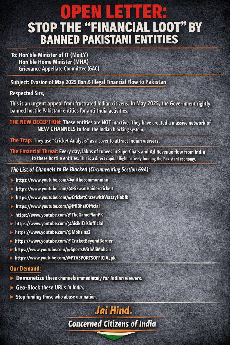 AbhishekJh79020's tweet photo. 🚨Banned Pak YouTubers &amp; State Broadcasters are evading laws to loot Crores in Indian SuperChats.

They use "Proxy Channels" to bypass the May 2025 Ban while abusing India daily.

Authorities must wake up. We have the FULL EVIDENCE.

READ THE OPEN LETTER 👇 #BanEvasion https://t.co/PTz4eWY0hb