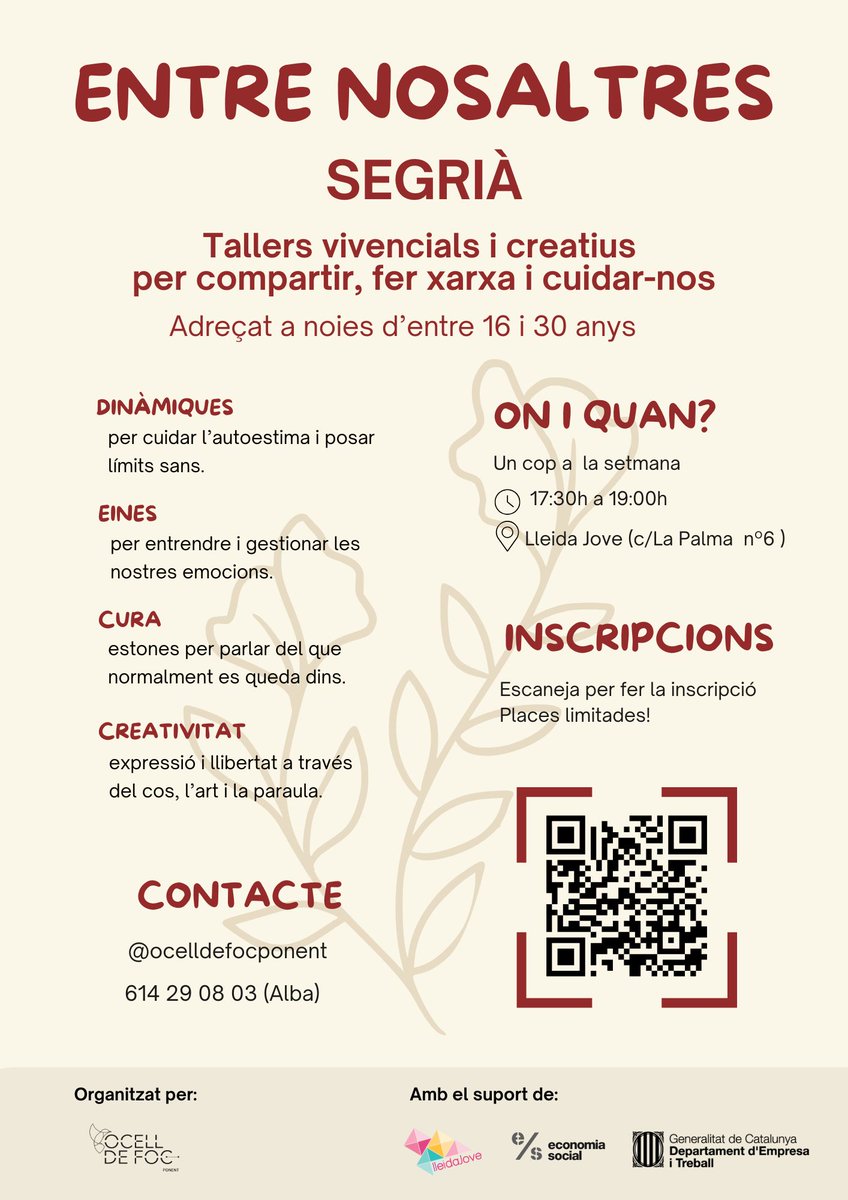 ✨ BONA NOTÍCIA! ENTRE NOSALTRES ARRIBA A LLEIDA ✨

Us volem informar que des de <a href="/lleidaJove/">Lleida Jove</a>  conjuntament amb Ocell de Foc Ponent, iniciem el cicle de tallers vivencials i creatius “Entre Nosaltres”, un espai adreçat a noies de 16 a 30 anys.

Començarem el 4 de març!