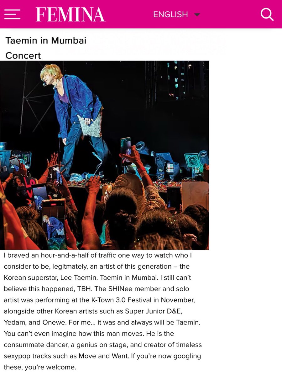 The Editor-in-Chief of Femina India listed 
#TAEMIN #태민’s Mumbai stage as the best of the best concert experience of 2025

“legitmately,an artist of this generation,the Korean superstar,Lee Taemin..You can't even imagine how this man moves. He’s the consummate dancer,a genius