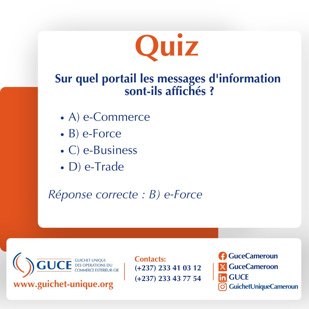 📌 #QuizGUCE

Chers utilisateurs, après l'enquête satisfaction de février 2025 et nos capsules vidéo sur les actions correctives, vérifiez ce que vous avez retenu.
Mesurez vos connaissances sur le fonctionnement de la plateforme GUCE.
Prêts ? C'est parti !

#GUCE