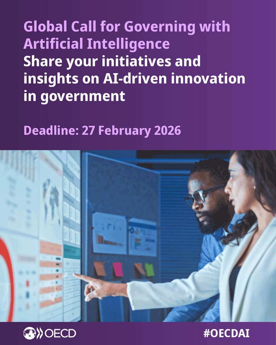 OECD launches the Global Call for Governing with #AI

Share your use cases, policy initiatives &amp; practical tools to help governments adopt AI responsibly.

Open to governments at all levels, and any organisation supporting them.

Submit by 27 Feb: brnw.ch/21wZDZL 
#OECDAI