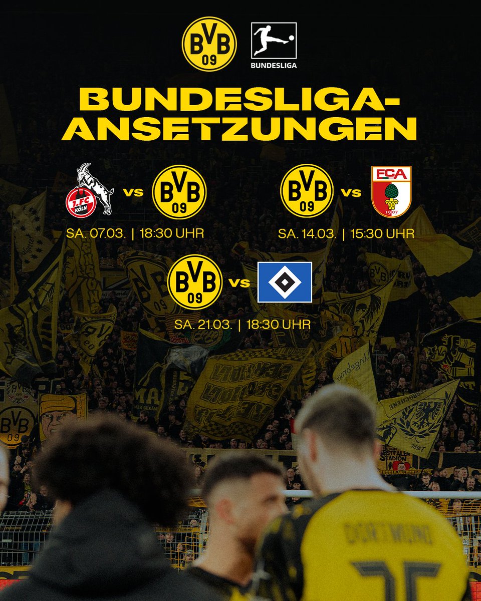 BVB's tweet photo. 🥁 Die DFL hat die Bundesliga-Spieltage 25 bis 27 zeitgenau angesetzt – für Schwarzgelb gibt’s drei Samstagsspiele! ⚡️ https://t.co/skIbDFhWU8
