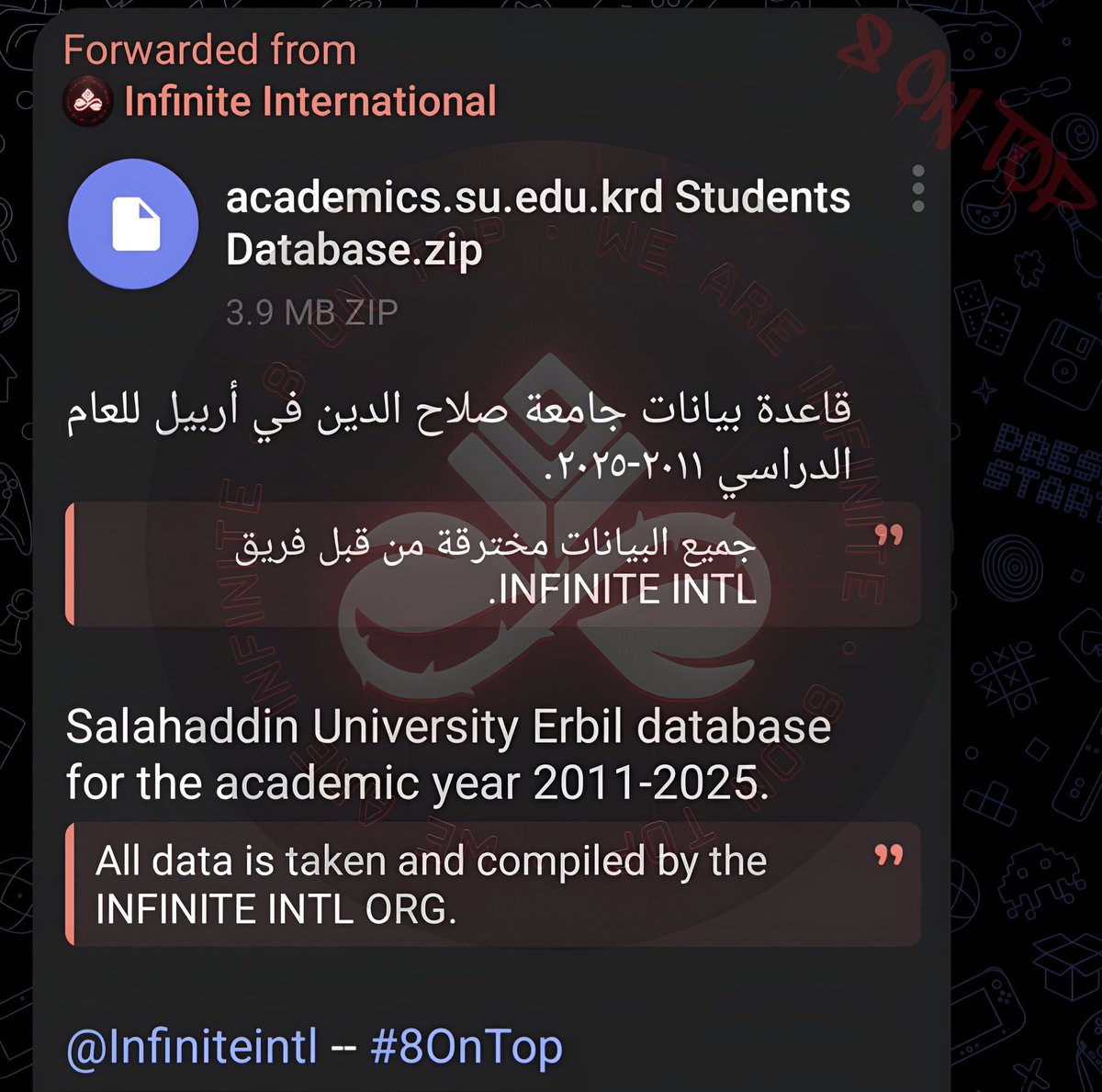 8infinitena's tweet photo. قاعدة بيانات جامعة صلاح الدين في أربيل للعام الدراسي ٢٠١١-٢٠٢٥.
جميع البيانات مخترقة من قبل فريق INFINITE INTL.

جميع البيانات على التلجرام:
https://t.co/xO5Qk78jYW

#قسد #سوريا #الجيش_السوري_الالكتروني   #SyrianElectronicArmy #SEA https://t.co/z6IlstNNt6
