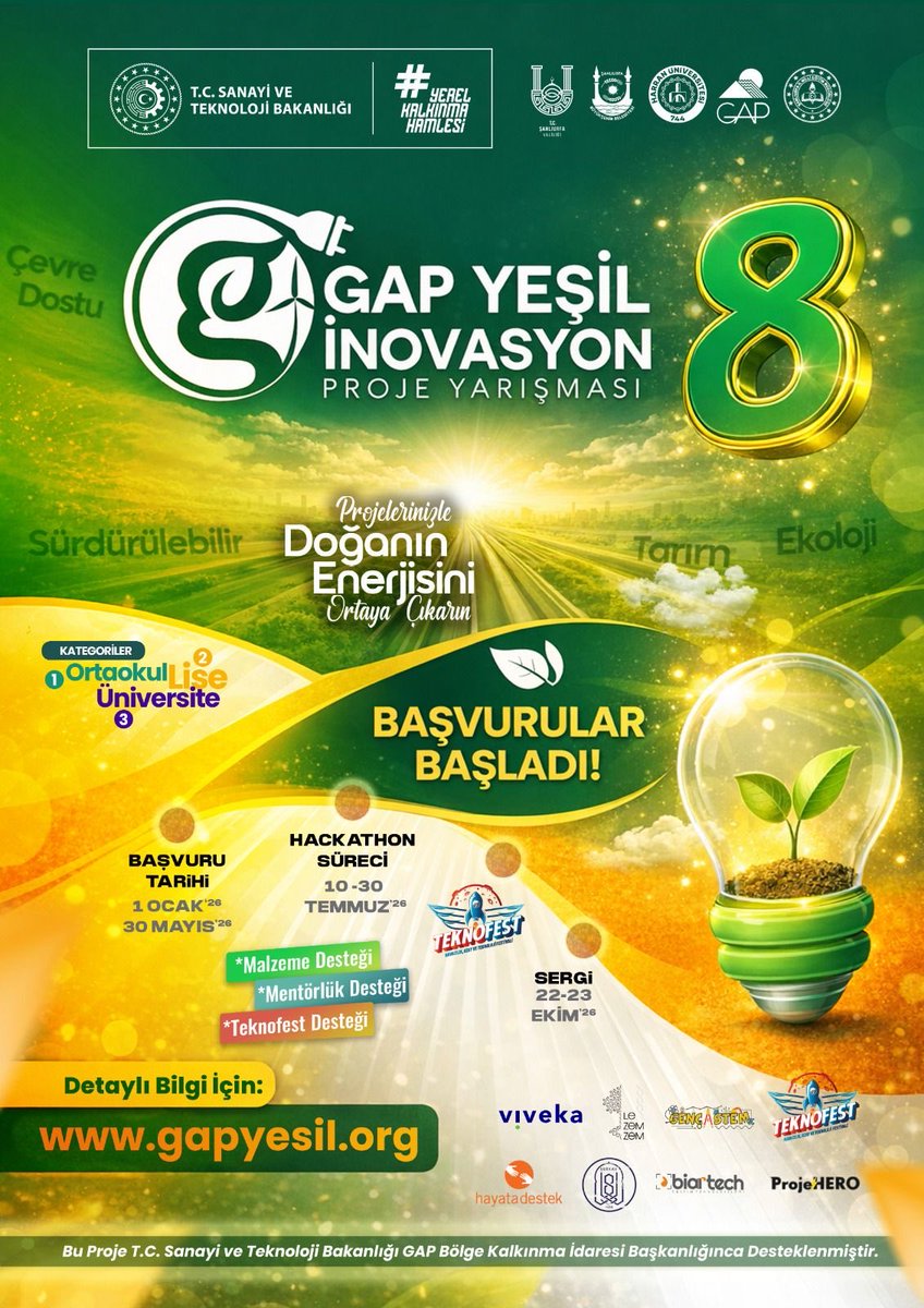 hrumedya's tweet photo. 8. GAP YEŞİL İNOVASYON PROJE YARIŞMASI BAŞVURULARI BAŞLADI ☘️

Harran Üniversitesi’nin paydaşı olduğu GAP Yeşil İnovasyon Projesi'nin rehberliğinde gençler; yenilikçi projeleriyle bilime ve teknolojiye katkı sunarak TEKNOFEST yolculuğuna dahil oluyor.

Kategoriler:
🎓Ortaokul
🎓Lise
🎓Üniversite

🗓️Son Başvuru Tarihi: 30 Mayıs
💻Hackathon Süreci: 10 - 30 Temmuz 2026
🚀TEKNOFEST: 30 Eylül - 4 Ekim 2026
🖼️Sergi: 22-23 Ekim 2026

Detaylar 👉 https://t.co/PoeVxgPc9m

#YerelKalkınmaHamlesi

@TCSanayi 
@KalkinmaAjansGM