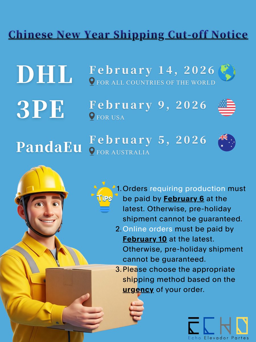 EchoPartes's tweet photo. 🔔Due to the upcoming Chinese New Year holiday, courier services will suspend operations soon.
📦Please note the cut-off dates for each channel:
• DHL–Feb 14🌏
• 3PE Express–Feb 9🇺🇸
• PandaEU–Feb 5🇦🇺
Feel free to contact us if you need help.
📲 +86 17392361915
#EEP #CNY2026 https://t.co/i5cLqMJPXS
