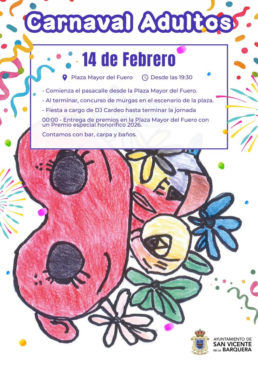 🎭 🗓️ ¡PROGRAMACIÓN CARNAVAL 2026! 🎉

🎊 Os acercamos la programación para los días 13 y 14 de febrero, con el Carnaval Infantil y para Adultos en San Vicente de la Barquera. 

🎨 ¡Los diseños han sido creados por abuelos artistas de la Residencia de Mayores! 🫶🏻