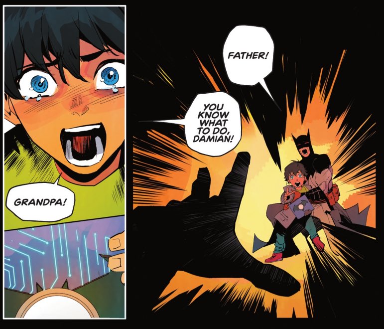 * BIG Knightfight #4 spoilers !!! *

This precious little peanut 😭😭😭😭 I can’t believe Damian has a sweet little sunshine boy with huge blue peepers who loves Batman and anime and his family….. where have I seen this sort of child before……….