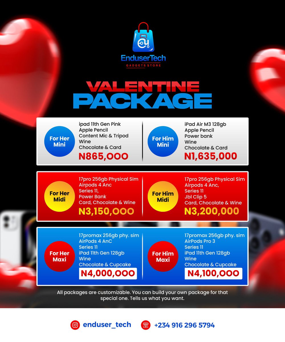Love is in the air this month and we have curated Valentine packages for you and your loved ones. 
This year we are also giving you the chance to customize your own packages. 

Send a Dm or send a message on whatsapp to place order ‼️

Pls retweet 🙏🏻