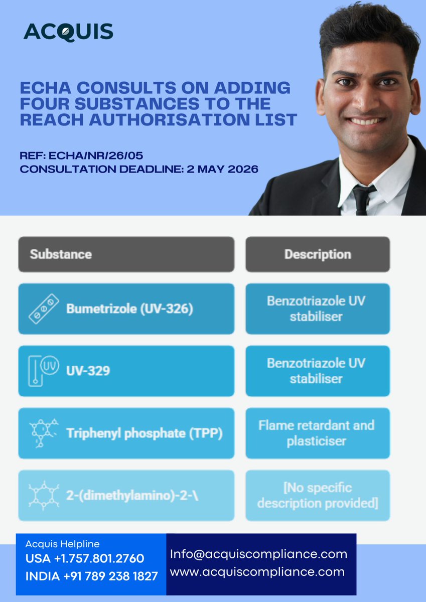 regilient's tweet photo. REACH Authorisation consultations are about facts, not opinions.

If you use these substances, this is your chance to show real use and impact.

Deadline: 2 May 2026.

#REACH #Authorisation #SVHC #ChemicalCompliance #ECHA #RegulatoryDeadline https://t.co/6epmjytIvN