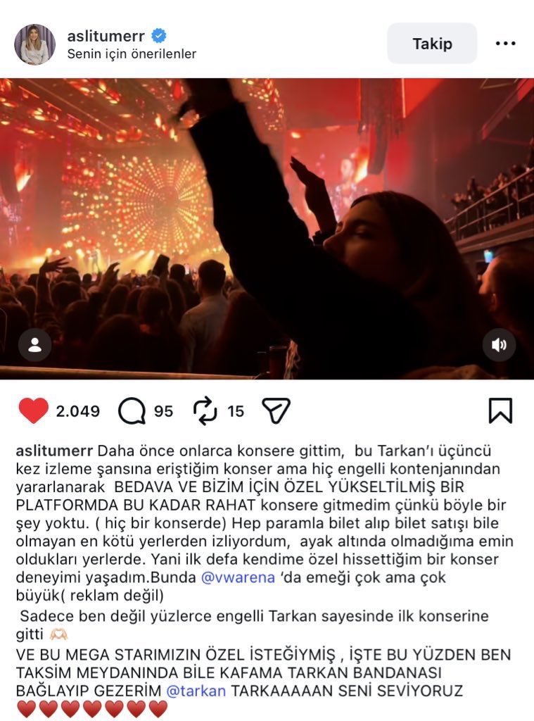 tarkan istanbul konserinde engellilerin rahat izleyebilmesi için yüksek platform yaptırıp bilet ücreti alınmamasını istemiş… işte bu yüzden tarkan❤️