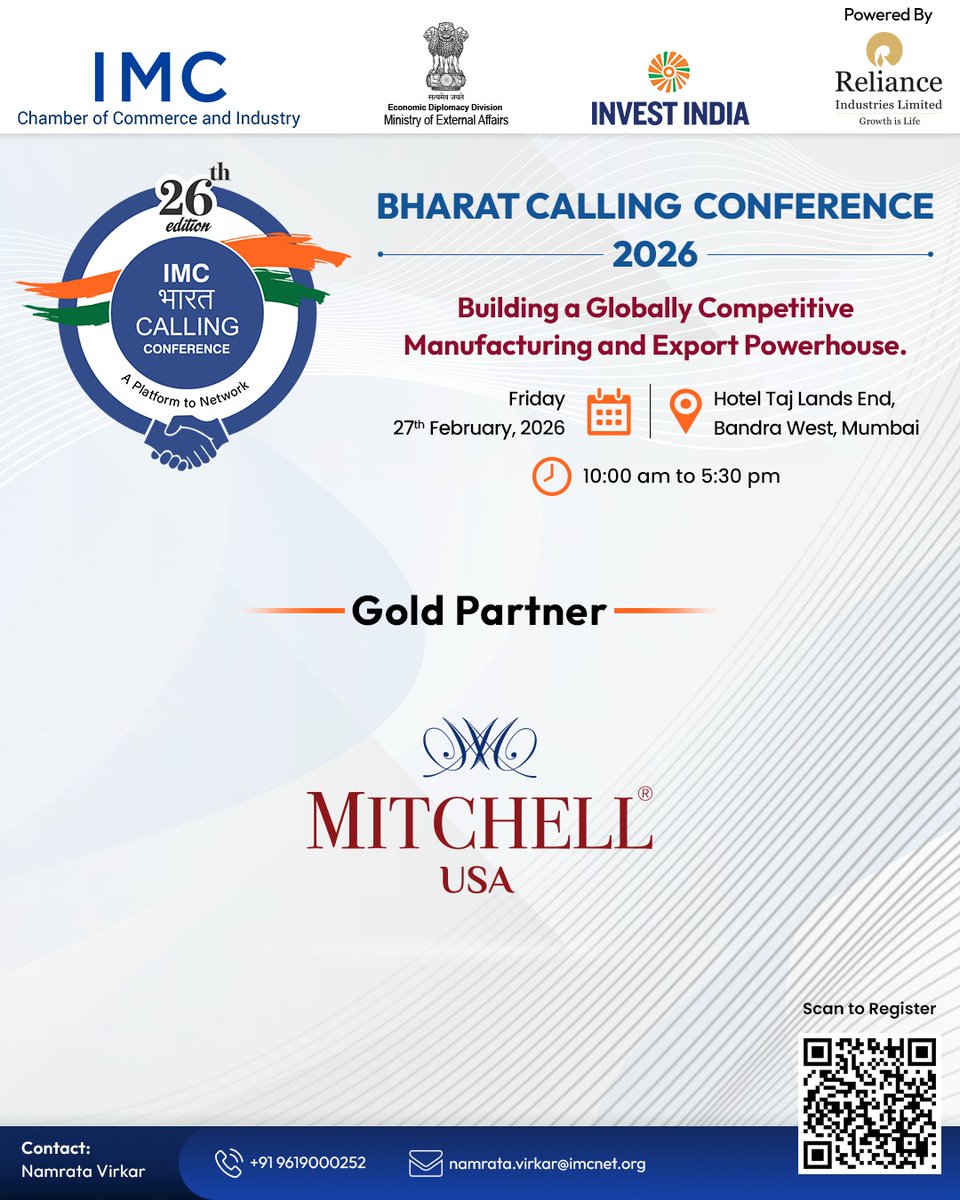 IMC_India's tweet photo. We are delighted to announce that the 26th IMC Bharat Calling Conference 2026 is proudly supported by Mitchell USA (@MitchellUSAIN)  as the Gold Partner.

This association reflects a shared vision of strengthening India’s manufacturing ecosystem and accelerating its journey towards becoming a globally competitive manufacturing and export powerhouse.

Join policymakers, industry leaders, innovators, investors, and global partners for a day of meaningful dialogue, insights, and collaboration.

📅 Friday, 27th February 2026
📍 Hotel Taj Lands End, Bandra West, Mumbai
🕙 10:00 am – 5:30 pm

🔗 Register now: https://t.co/d66ZLjl4Xt

#IMCBharatCalling #MitchellUSA #GoldPartner #Manufacturing #Exports #MakeInIndia  

@PMOIndia @MEAIndia @investindia @dineshjoshi70 @tweetvanita @RIL_Updates @PiyushGoyal @CimGOI @PIBMumbai @rnivruti @CMOMaharashtra @TheOfficialSBI