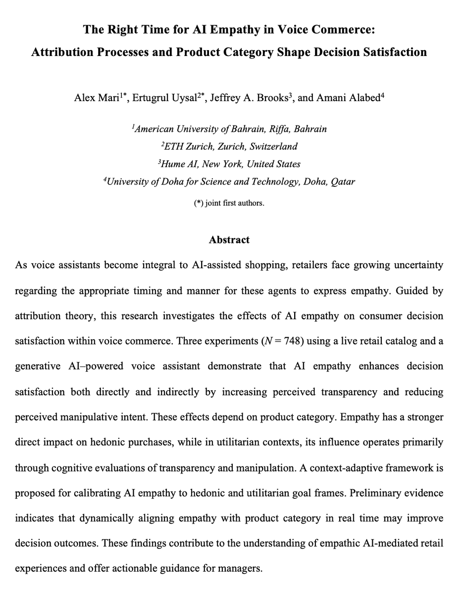 Mariketing's tweet photo. New research on AI Empathy in Voice Commerce.

When and how should #voiceassistants express empathy?

AI empathy boosts decision satisfaction via transparency and lower perceived manipulation, especially for hedonic vs. utilitarian products.

Preprint: https://t.co/EoSQz6xCLo https://t.co/OAYgGy0W7p