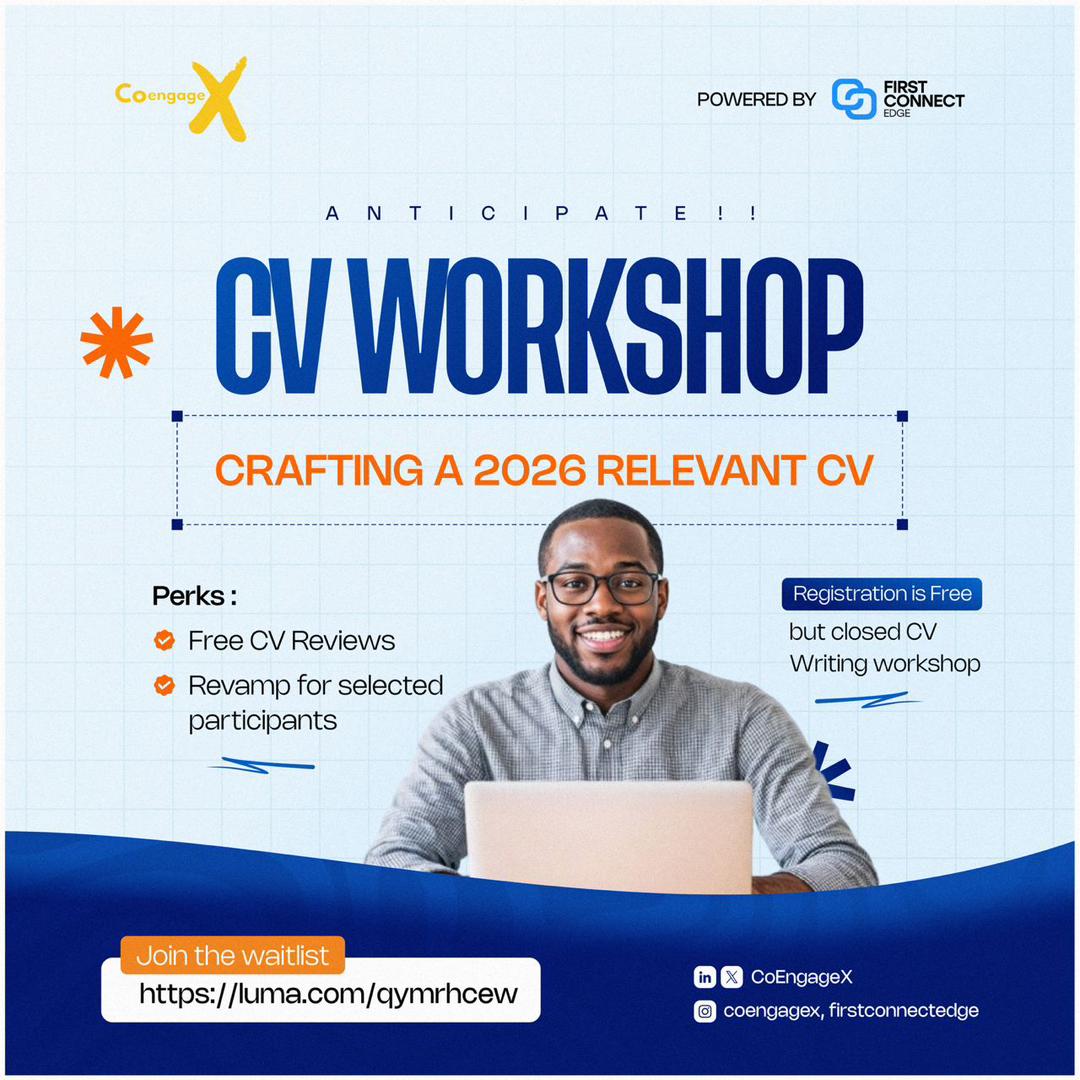 CoEngageX's tweet photo. Your CV should open doors in 2026, not hold you back. 🚀

Get ready for our CV Workshop, free reviews, expert insights, and selected CV revamps.

Join the waitlist and stay ahead. 
https://t.co/JsGtnBbC74 https://t.co/TQyYg5ziSo