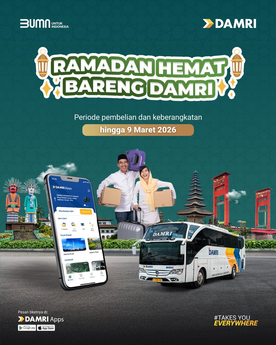 DamriIndonesia's tweet photo. ๐ฅ๐ฎ๐บ๐ฎ๐ฑ๐ฎ๐ป ๐๐ฒ๐บ๐ฎ๐ ๐๐ฎ๐ฟ๐ฒ๐ป๐ด ๐๐๐ ๐ฅ๐ ๐โจ
Nikmati tarif rute AKAP mulai Rp124.000 untuk perjalanan yang nyaman & lebih terjangkau.
๐
Hingga 12 Maret 2026
๐ฒ DAMRI Apps, https://t.co/HoqmF4WCcO & OTA resmi
#DAMRI #GasNaikDAMRI #PromoDAMRI https://t.co/OehLfL4mHX