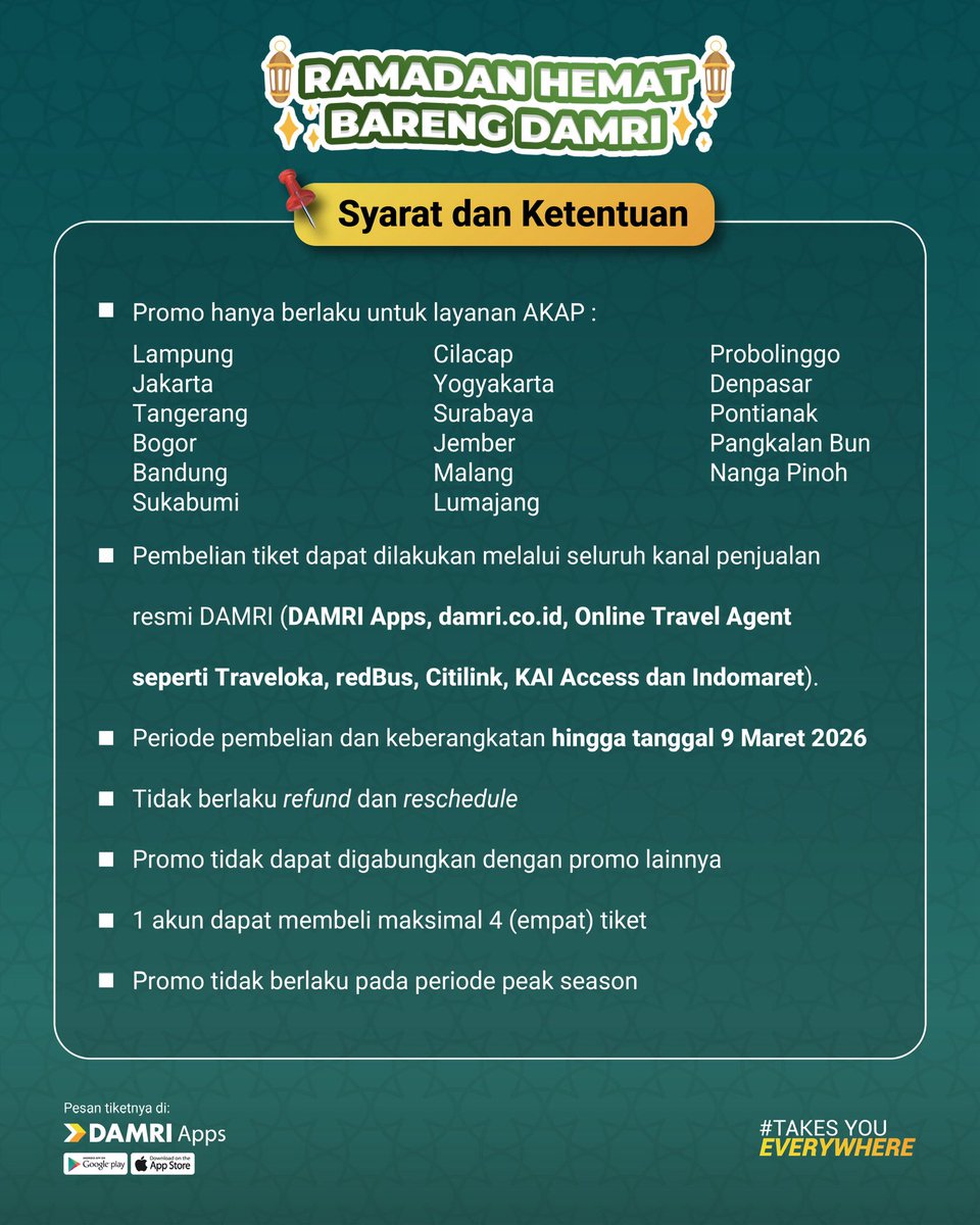 DamriIndonesia's tweet photo. ๐ฅ๐ฎ๐บ๐ฎ๐ฑ๐ฎ๐ป ๐๐ฒ๐บ๐ฎ๐ ๐๐ฎ๐ฟ๐ฒ๐ป๐ด ๐๐๐ ๐ฅ๐ ๐โจ
Nikmati tarif rute AKAP mulai Rp124.000 untuk perjalanan yang nyaman & lebih terjangkau.
๐
Hingga 12 Maret 2026
๐ฒ DAMRI Apps, https://t.co/HoqmF4WCcO & OTA resmi
#DAMRI #GasNaikDAMRI #PromoDAMRI https://t.co/OehLfL4mHX