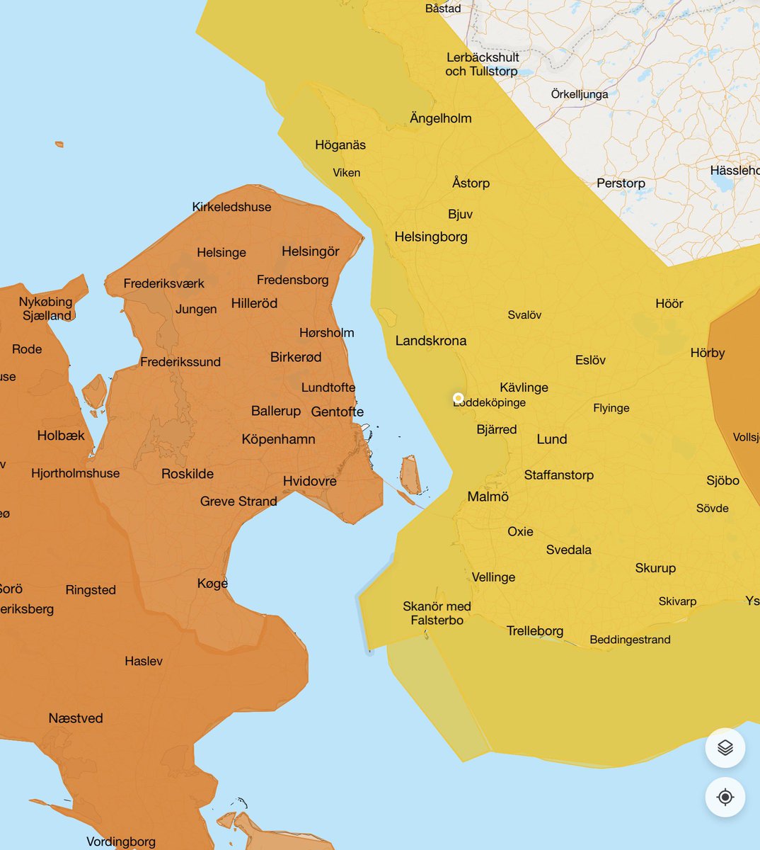 cmlewan's tweet photo. Det är fantastiskt vad bra koll vädret har på nationalstaternas gränser i Öresundsregionen, inte minst att Ven är svenskt och Saltholmen danskt. [Från Bing/MSN.] https://t.co/x7C9cmdPkh