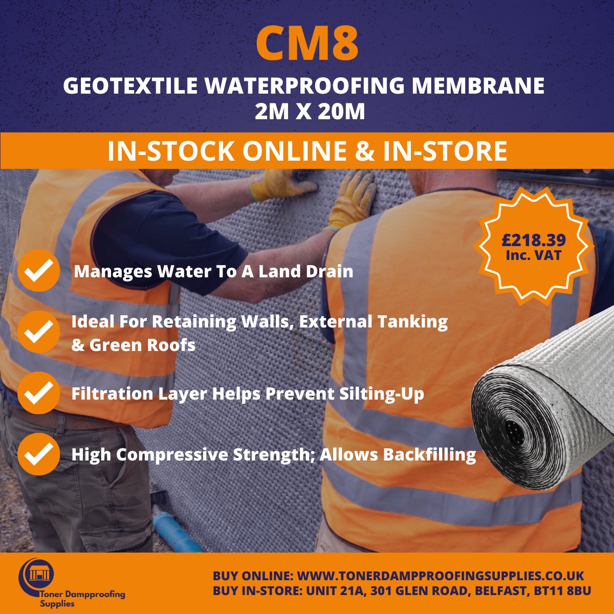 Need a tough external waterproofing membrane for retaining walls or below-ground works? ✅

CM8 Geotextile Waterproofing Membrane (2m x 20m | 40m²) is a twin-layer cavity drain membrane designed to channel water to land drains and relieve hydrostatic pressure on the structure.