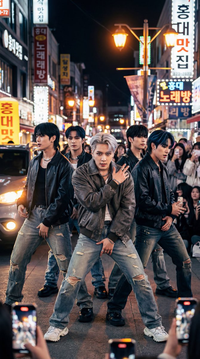 futurelogg's tweet image. K-pop Street Performance in Hongdae | 홍대 거리 위 K-pop 퍼포먼스

Title: Nanobanana pro + Grok Imagine Video

📸 Image Prompt:
Hyper-realistic vertical shot of 5 Korean male K-pop idols performing street dance choreography in Hongdae district Seoul at night, members aged 20-25…