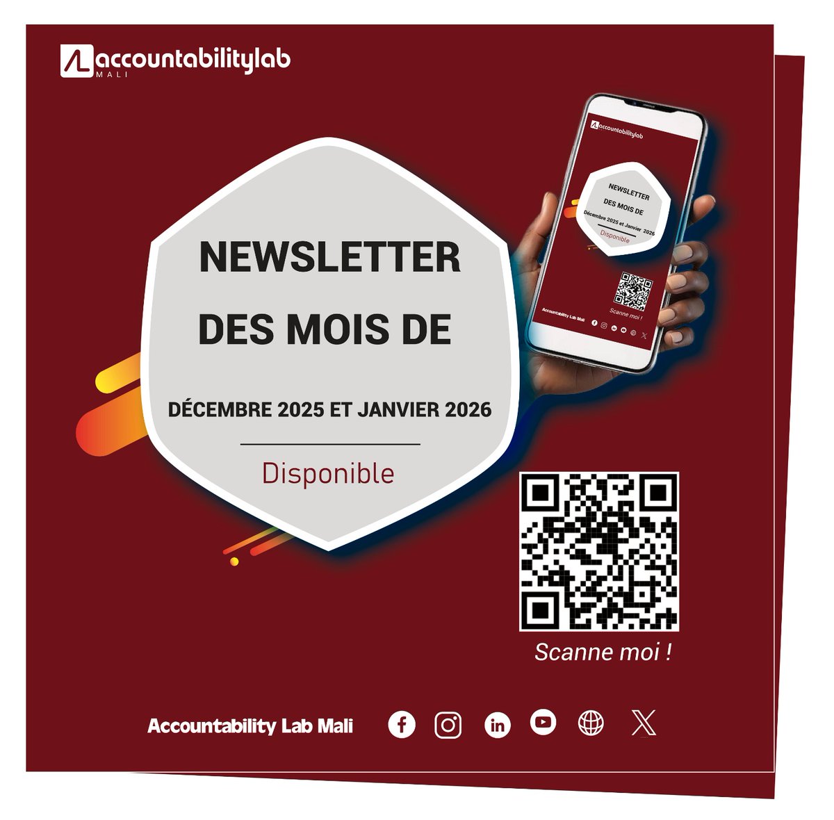 accountlabML's tweet photo. 𝐍𝐞𝐰𝐬𝐥𝐞𝐭𝐭𝐞𝐫 | 𝐃𝐞𝐜𝐞𝐦𝐛𝐫𝐞 𝟐𝟎𝟐𝟓 – 𝐉𝐚𝐧𝐯𝐢𝐞𝐫 𝟐𝟎𝟐𝟔

#AccountabilityLabMali a le plaisir de partager sa newsletter couvrant la période de décembre 2025 à janvier 2026, marquant....

Plus de détails 👉 https://t.co/Zahj7Pn7Gv https://t.co/OWbLljOESB