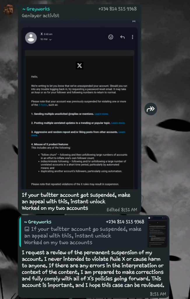 If your X account was suspended or you know anyone in this position, let’s give this a try🤝🏾❤️

“I request a review of the permanent suspension of my account. I never intended to violate Rule X or cause harm to anyone. If there are any errors in the interpretation or context of