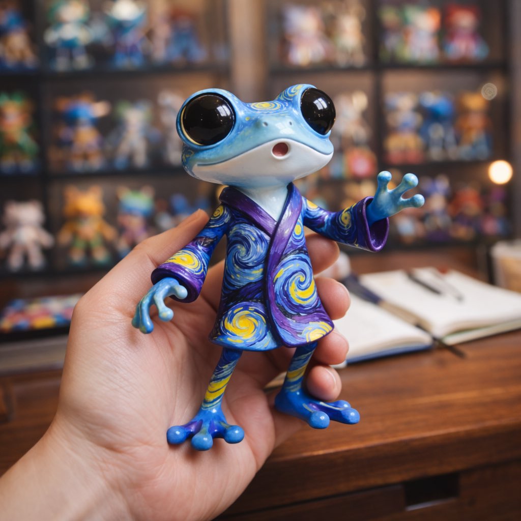 thisisjujubit's tweet photo. Not your average pond-dweller. Just a frog with an elite taste in art. #JujuBit #arttoy #StarryNight https://t.co/2vfsLf0Pj7