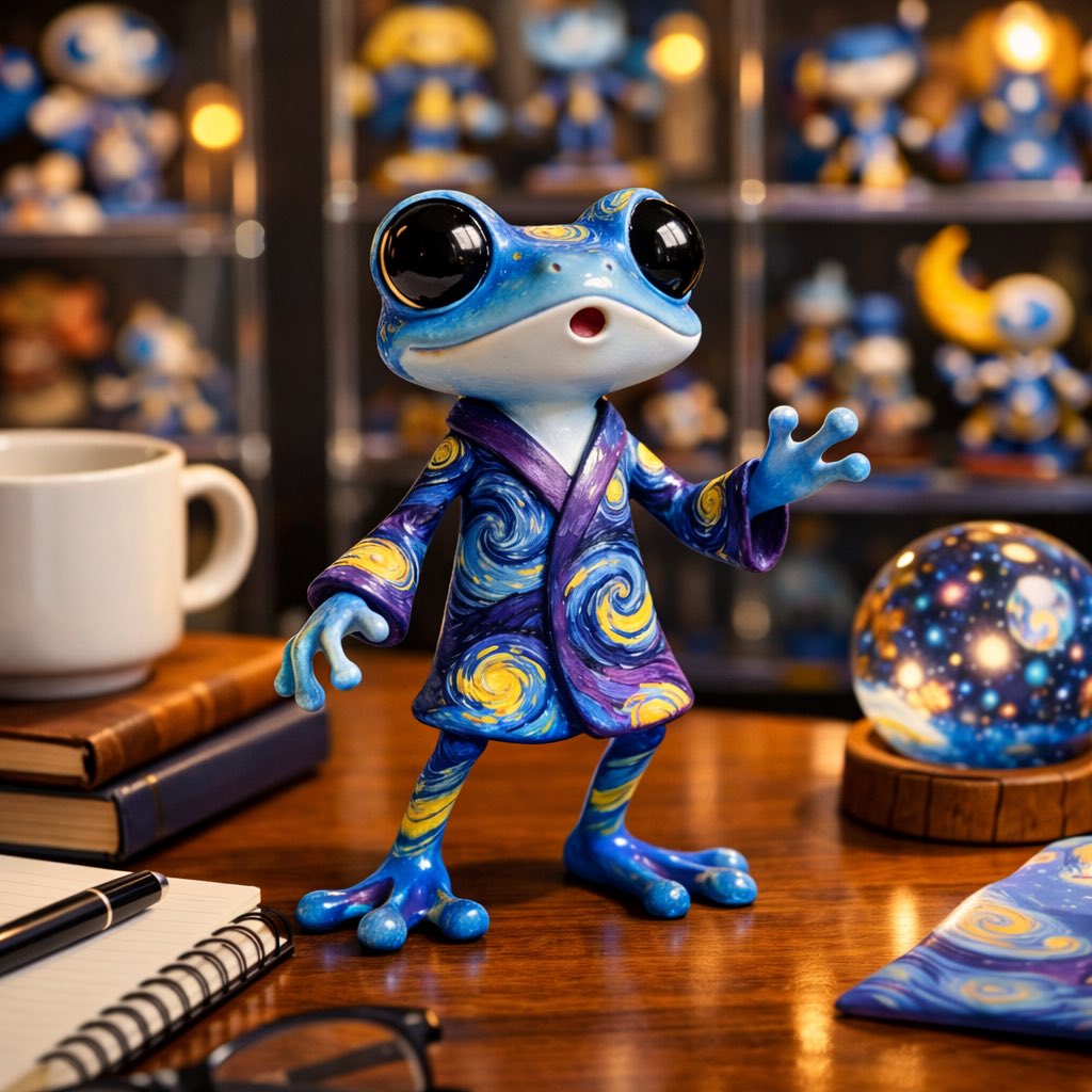 thisisjujubit's tweet photo. Not your average pond-dweller. Just a frog with an elite taste in art. #JujuBit #arttoy #StarryNight https://t.co/2vfsLf0Pj7