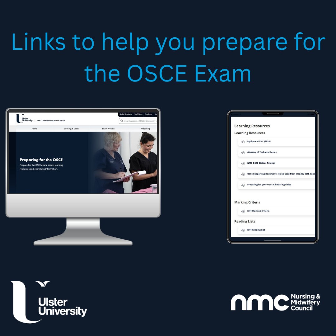 UlsterCtc's tweet photo. Get OSCE-ready with confidence ✨

Use these website links to help you prepare for the OSCE exam - from equipment lists and station timings to marking criteria and guidance 📚

https://t.co/fD6OV0mH65 

https://t.co/1cOHxbdMKV https://t.co/G2Fsw7VuWy