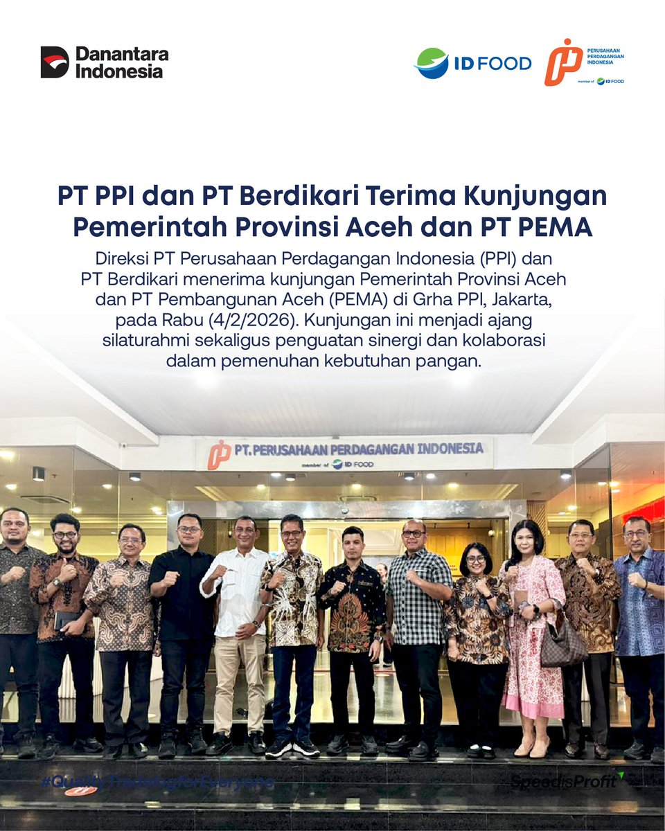 Direksi PT PPI dan PT Berdikari menerima kunjungan Pemerintah Provinsi Aceh dan PT Pembangunan Aceh (PEMA) di Grha PPI, Jakarta, pada Rabu (4/2/2026). Kunjungan ini menjadi ajang silaturahmi sekaligus penguatan sinergi dan kolaborasi dalam pemenuhan kebutuhan pangan.