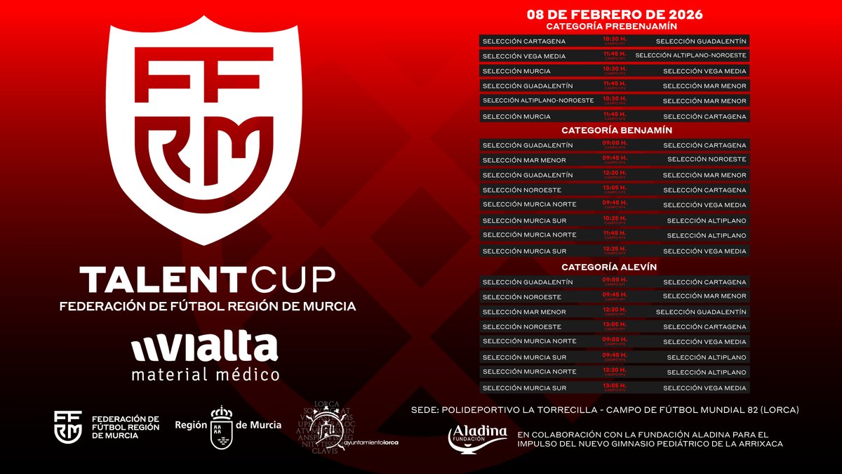 🤩💎 ¡𝗗𝗢𝗠𝗜𝗡𝗚𝗢 𝗗𝗘 𝗧𝗔𝗟𝗘𝗡𝗧 𝗖𝗨𝗣 𝗘𝗡 𝗟𝗢𝗥𝗖𝗔 🏟️! 

👌 Ya lo tenemos toooooodo listo para disfrutar este domingo 8 de febrero de la #TalentCup en categorías prebenjamín, benjamín y alevín ⚽.

🏟️ ¡Nos vemos en el Polideportivo La Torrecilla, Campo de Fútbol