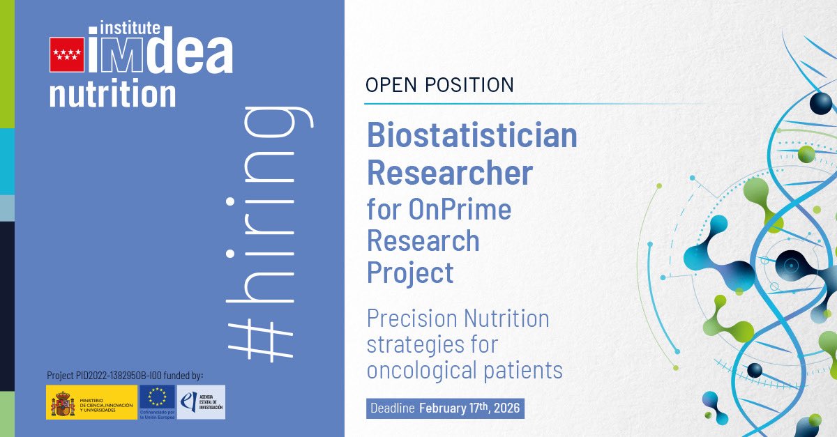 IMDEANutricion's tweet image. 📣 We’re #hiring a #Biostatistics Researcher!

Join us and work on cutting-edge research combining omics data, machine learning, and #PrecisionNutrition to improve personalized strategies for cancer patients.

🔗 Apply here: c.madrid/e6a4h

#Jobs #Research #Health