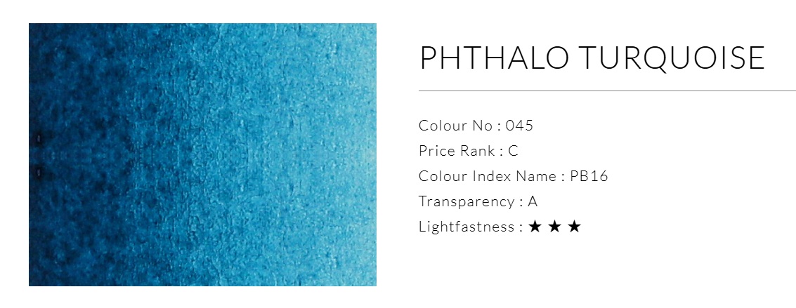 turner_water's tweet photo. フタロターコイズ　PHTHALO TURQUOISE
Colour No : 045
Price Rank : C
Colour Index Name : PB16
Transparency : A
Lightfastness : ★ ★ ★ https://t.co/Xx95v09P0v