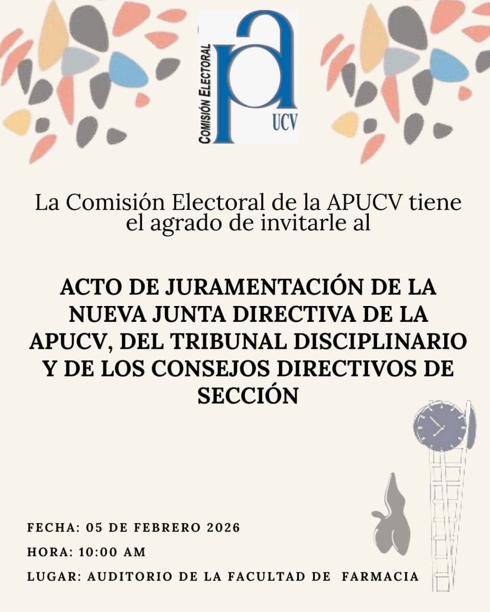 APUCV's tweet photo. Este 05 de febrero, no solo juramentamos a una nueva directiva; renovamos la promesa de defender nuestra labor docente y el espíritu de la universidad que amamos.

Tu presencia es el respaldo que nuestra institución necesita para seguir adelante, te esperamos!!!.

#UCV https://t.co/hrFn0pTtnM