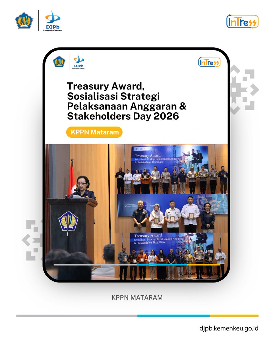 kppn_mataram's tweet photo. Treasury Award, Sosialisasi Strategi Pelaksanaan Anggaran, dan Stakeholders Day 2026  KPPN Mataram telah menyelenggarakan kegiatan Pemberian Penghargaan atas Kinerja Pelaksanaan Anggaran Tahun Anggaran 2025 pada Rabu, 4 Februari 2026, bertempat di Aula Mandalika KPPN Mataram. https://t.co/J5umdCXlul