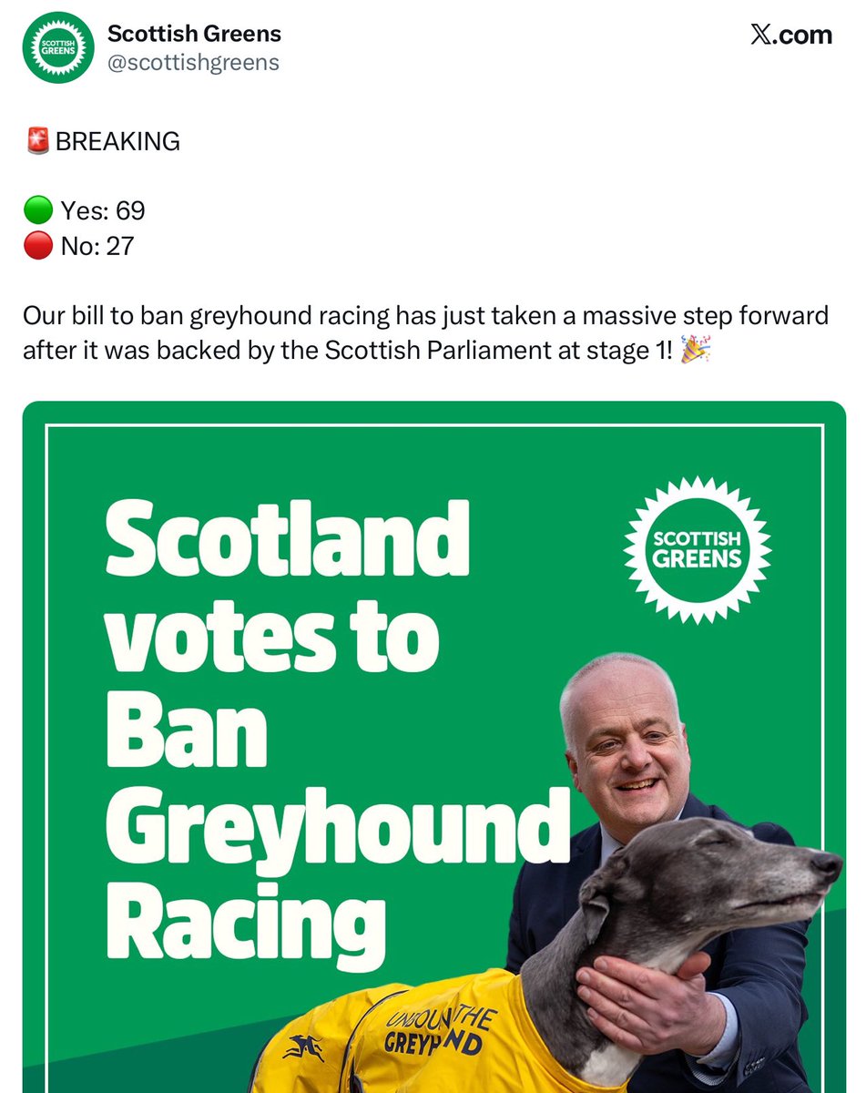Reminder: there is NO greyhound racing in Scotland. Next up, the Greens take strong action to outlaw the Bogey Man and vampires.
