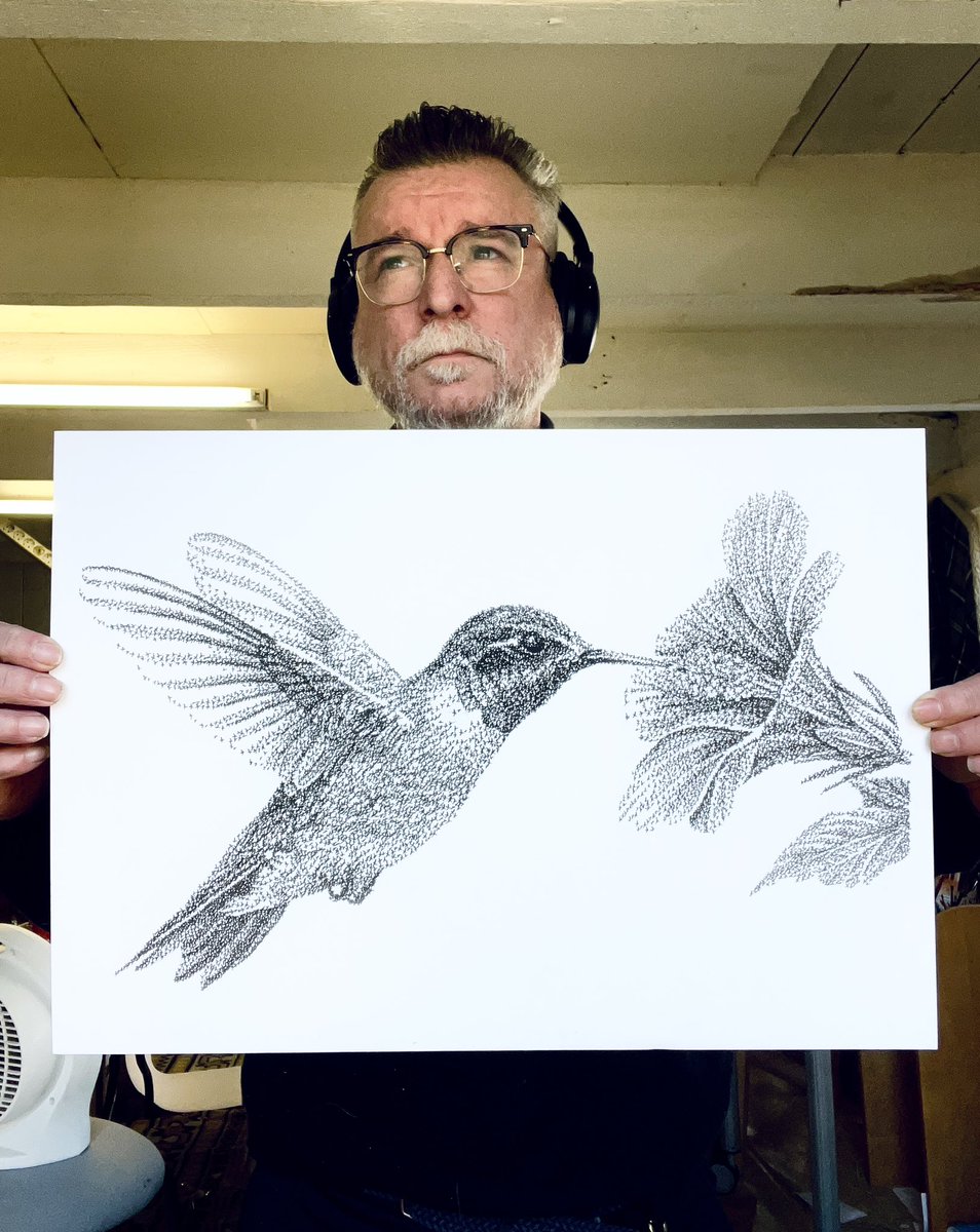 Voltooid! Het is een sterke abstrahering van een zwerm die een figuratieve afbeelding maakt van een kolibrie met een hibiscus. 

‘Hibiscussen’
29,7 x 21 cm
Inkt op papier 

Retweet is lief.