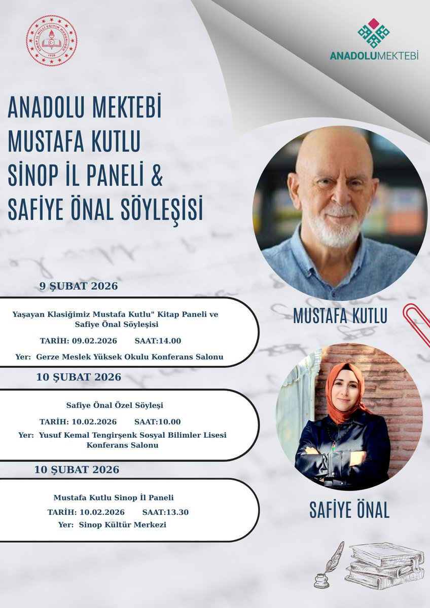 📖 Sözün İzinde, Metnin Derinliğinde Bir Buluşma

Anadolu Mektebi Yazar Okumaları kapsamında, edebiyatımızın “yaşayan klasiği” Mustafa Kutlu’nun eserleri etrafında şekillenen Sinop İl Paneli ve Safiye Önal söyleşileriyle edebiyat dolu günler Sinop’ta edebiyatseverlerle buluşuyor.
