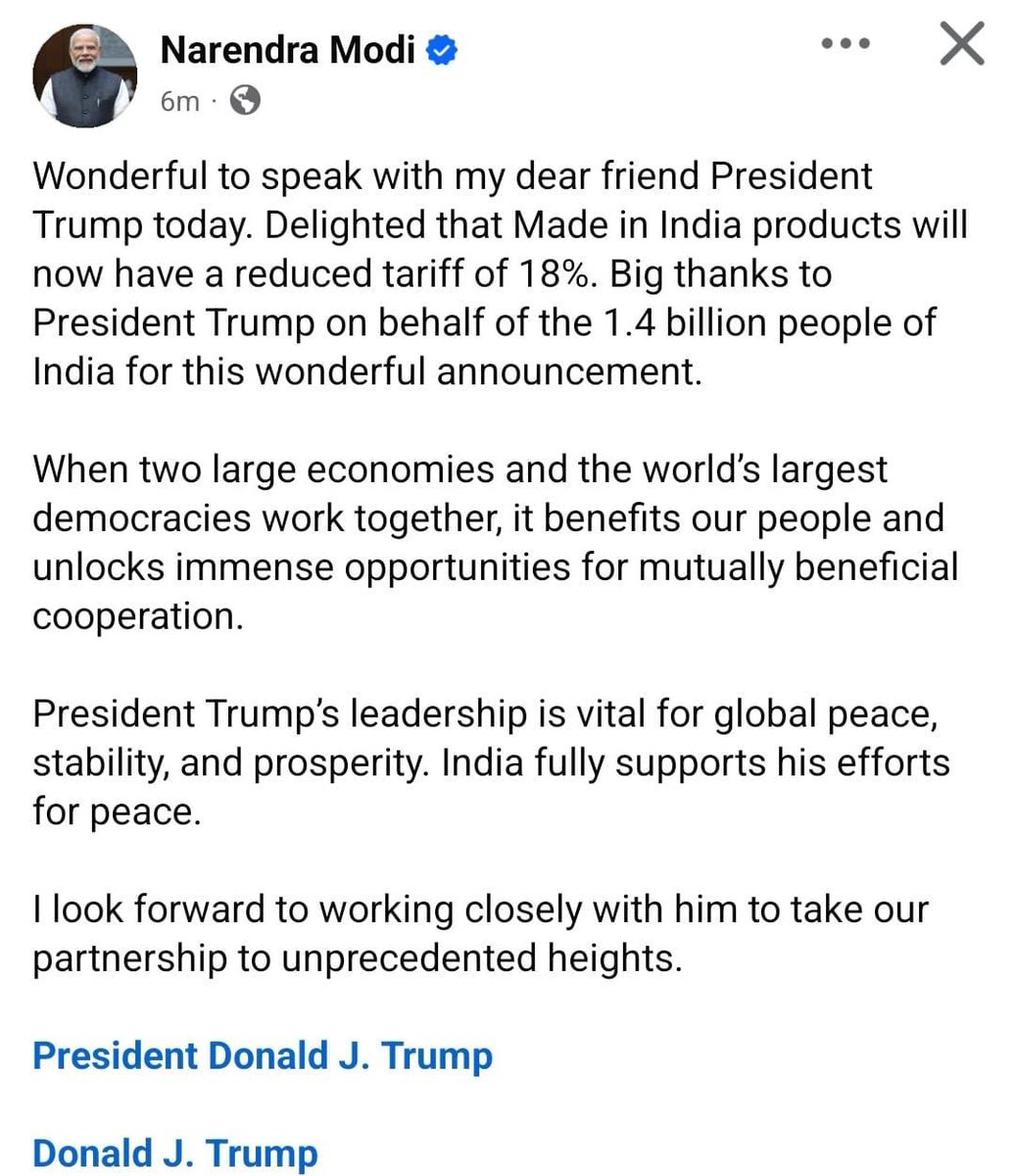 SheetalMankind's tweet photo. The reduction of US–India tariffs from levels as high as 50% to 18% is an important development, not just for individual sectors, but for the overall trade environment.

For industries that operate across global supply chains, including pharmaceuticals and manufacturing, predictability in trade frameworks matters as much as cost. When uncertainty around tariffs reduces, it allows companies to plan better, invest with confidence, and focus on long-term execution.

Seen alongside recent progress in India’s global trade engagements, this move reinforces India’s position as a reliable manufacturing and business partner. 

@narendramodi @FollowCII 

#IndiaUSATradeDeal #IndiaEconomy #GlobalTrade #TradePolicy
