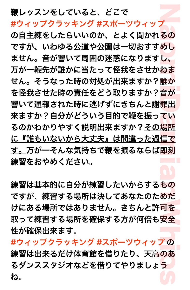 NaomiDamianWhip's tweet photo. 日頃、鞭の格好良さや楽しさをPRしていますが実際のところ鞭は非常に武器としての攻撃性が強い道具なんですね。なのでレッスンでは口を酸っぱくして「雑に扱うな安全に丁寧に振れ自分が練習したいからって公道や未許可のままで公園で振ったりするな」と申し上げております。

鞭は安全に楽しく振ろうね https://t.co/4waRc9koTF