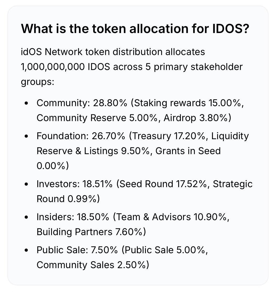 $IDOS is designed as a core utility token, not a speculative add-on.

Its primary functions power the <a href="/idOS_network/">idOS</a> Network:

> Gas fees for storage reads/writes and protocol actions, paid directly to node operators

> Medium of exchange for verifiable credential operations, with