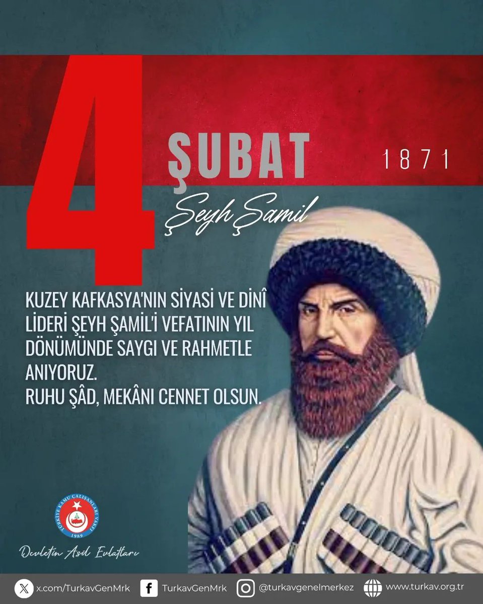 Kuzey Kafkasya'nın siyasi ve dinî lideri Şeyh Şami'i vefatının yıl dönümünde saygı ve rahmetle anıyoruz. 
Ruhu şâd, mekânı cennet olsun.