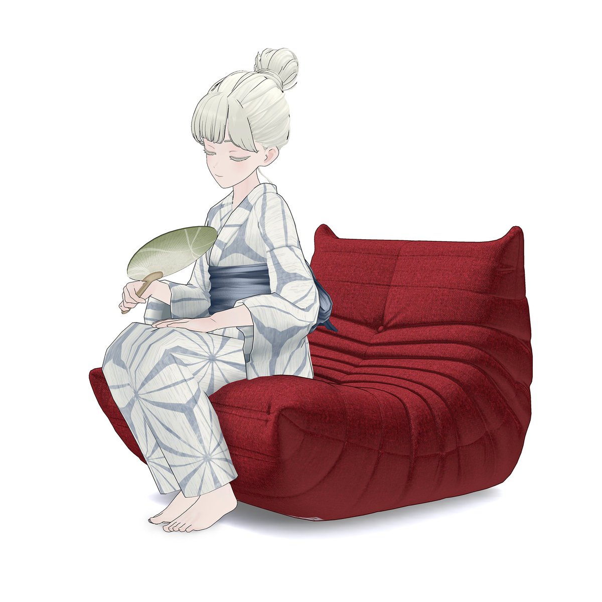 RoomieTale's tweet photo. 《 花火の前のひと休み 》
食べ歩きしてつかれたから、ちょっと休憩

#Grus                             
#VRChat                                   
#デジタルトーゴのあるくらし 35/56                    
⠀
═══════════════════
RoomieTaleで取り扱う3Dアセットが、
VRChatのくらしに溶け込むワンシーンを
制作しています。
⠀
▼使用3Dアセット紹介
【 RoomieTaleストア 】
・ソファ：ROSETTogo 1P RG-317 / リーン・ロゼ
⠀
【 BOOTH 】
・アバター：Grus / 久
・前髪：Low Ponytail / uNya2屋
　（@Not_uNya2）
・後髪：Catch My Messy Bun ＆ Braid  / NookNook
　（@aksatotaska）
・衣装：Grusちゃん専用『ゆかた』 / KNY
　（@3Dkaneyasu）
