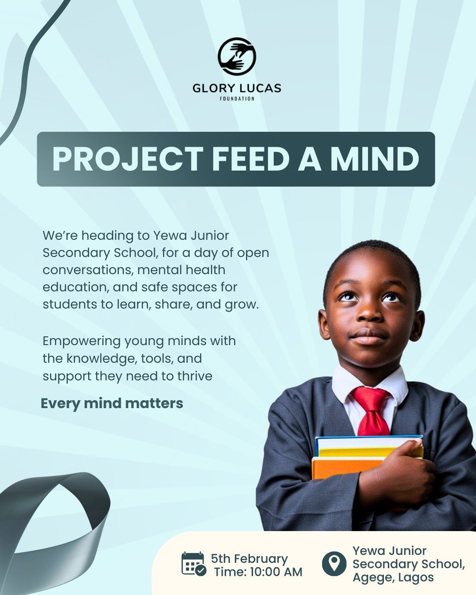 Glorylucasfound's tweet photo. We’re heading to Agege! 💙
Project Feed A Mind stops at Yewa JSS for a mental health outreach focused on awareness, safe conversations &amp; support for students.

📅 5/2/2026 | 10AM

#ProjectFeedAMind #GLFImpact #MentalHealthAwareness https://t.co/sMwBvFc8Wz