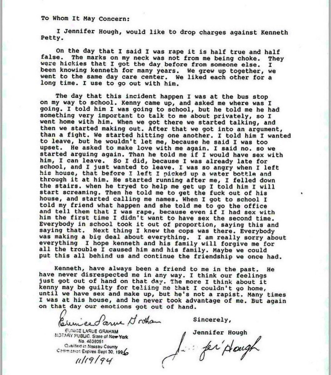 nickivolt's tweet image. This is Jennifer Hough admitting she lied on Nicki's husband Kenneth petty, was 16 and was pressured by her parents to falsify her report. Kenneth was a 15yr old black boy from the hood with no money for bail and had to take a plea deal. Falsely accused &amp;amp; falsely convicted.