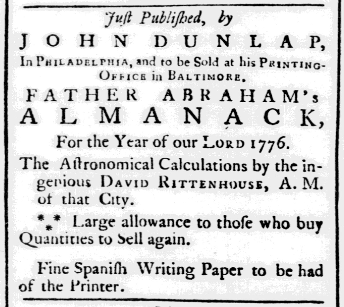 What was advertised in a revolutionary American newspaper 250 years ago today?

“FATHER ABRAHAM’s ALMANACK, For the Year of our LORD 1776.”

Adverts 250 Project: Featured Advertisement for February 13
#Adverts250

Learn more: adverts250project.org/2026/02/13/feb… (Image: <a href="/Readex/">Readex</a>)